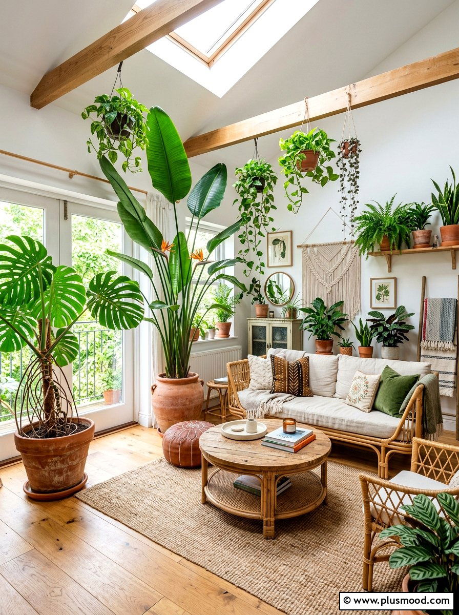 Tropical indoor plants - 25 boho summer living room ideas