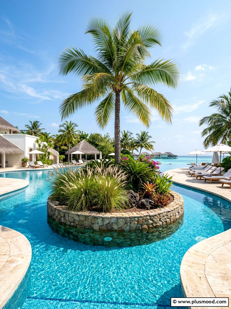 Tropical island pool planter - 25 pool landscaping ideas with tropical plants
