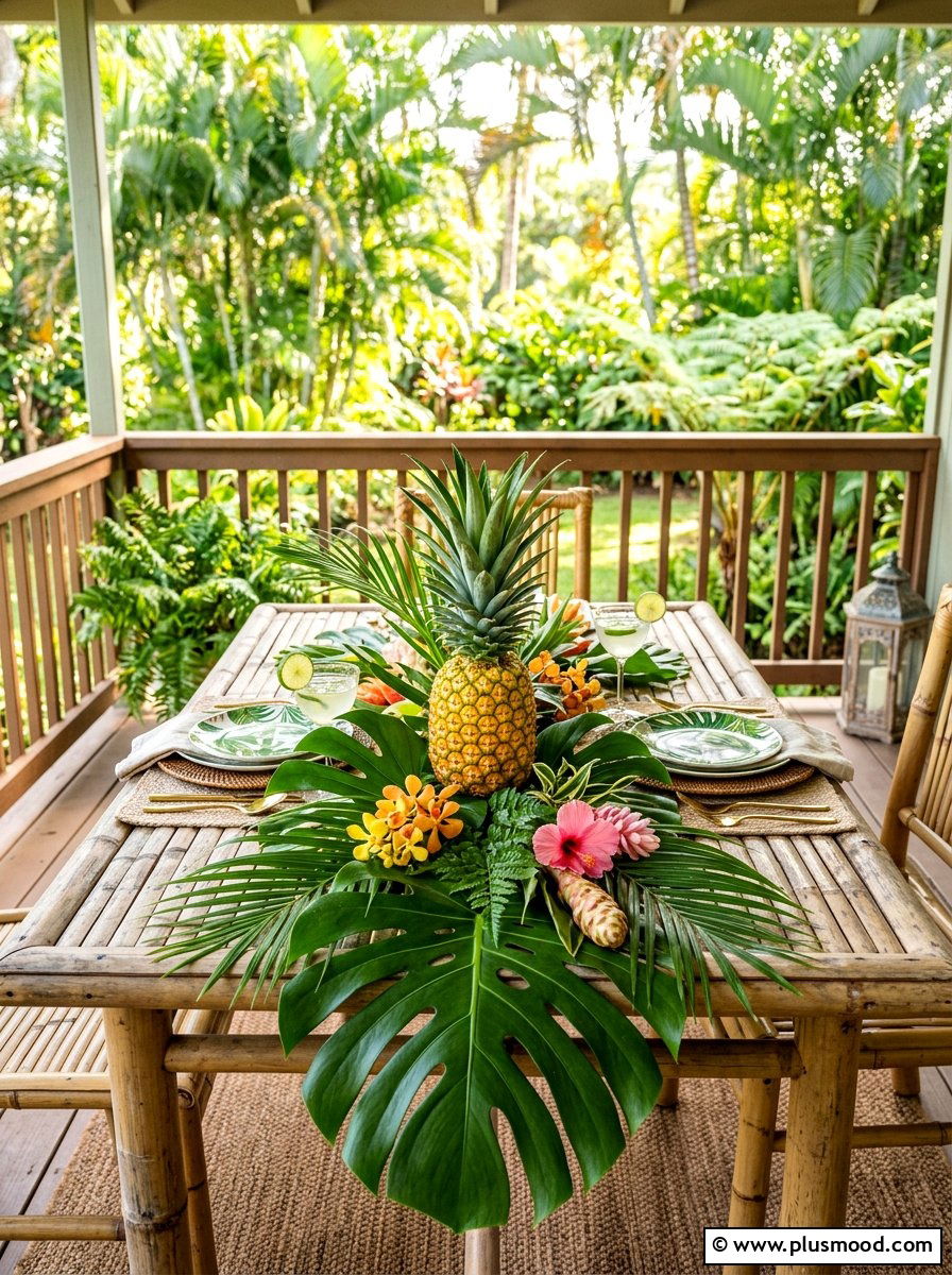 Tropical leaf and pineapple centerpiece 1 - 25 summer porch table decor ideas