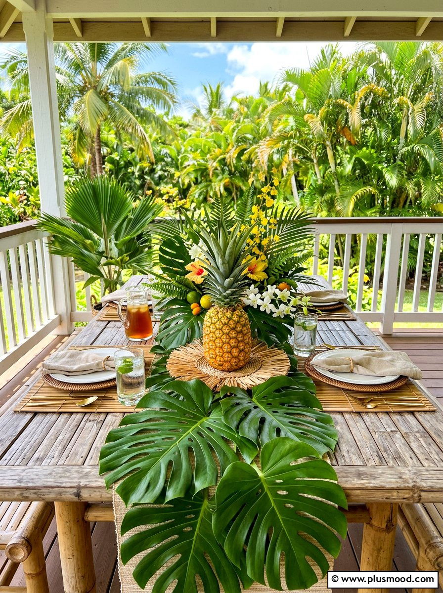 Tropical leaf and pineapple centerpiece - 25 summer porch table decor ideas