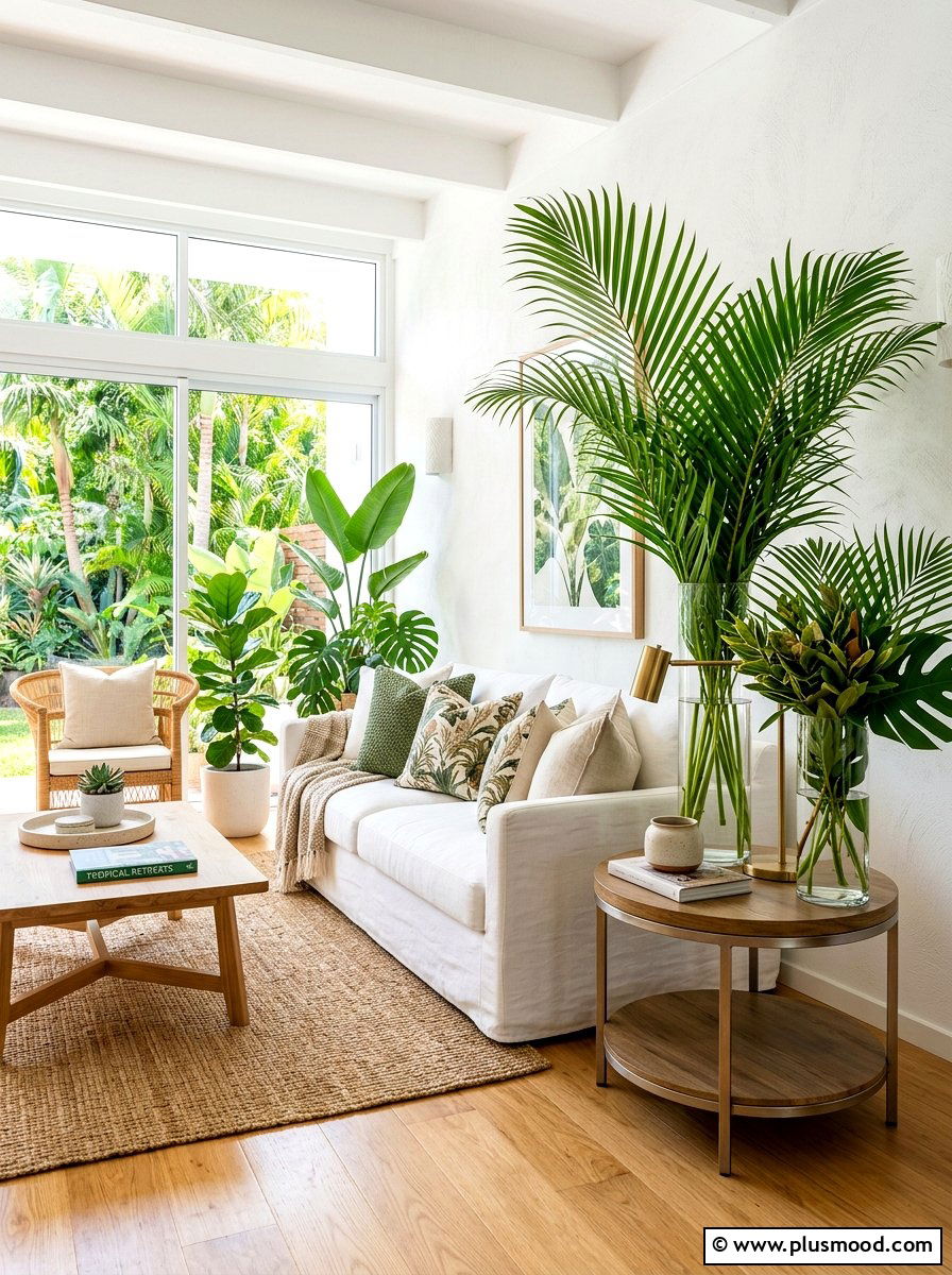 Tropical leaf arrangements - 25 summer living room styling ideas