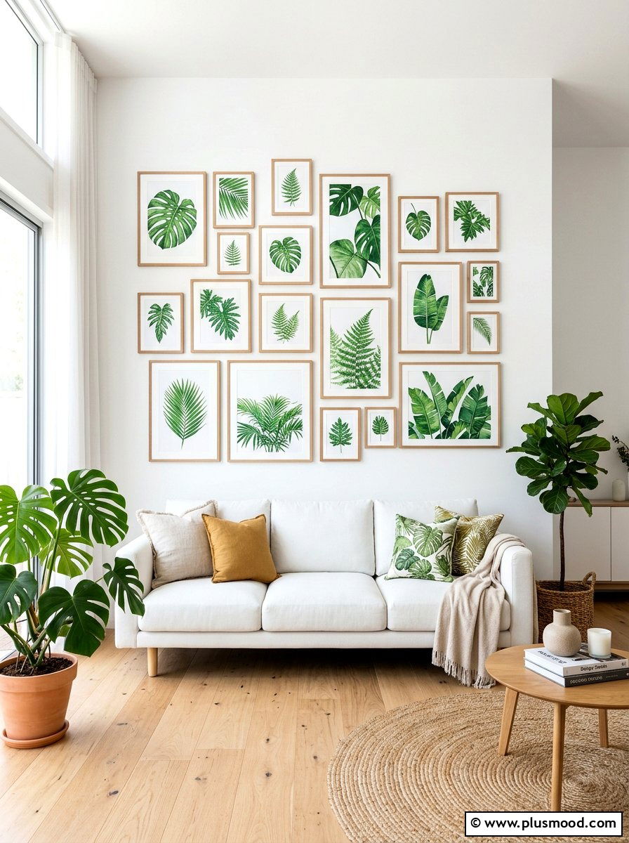 Tropical leaf gallery wall - 25 summer family room decor ideas