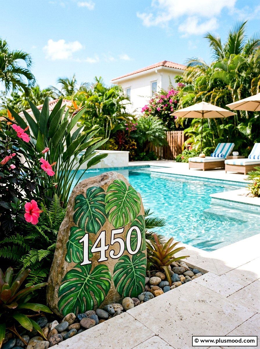 Tropical leaf painted stone