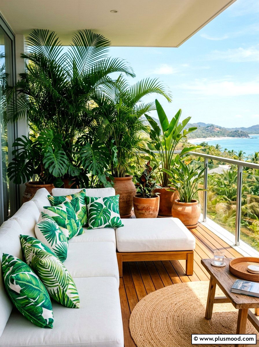 Tropical leaf pillows - 25 summer colorful balcony ideas