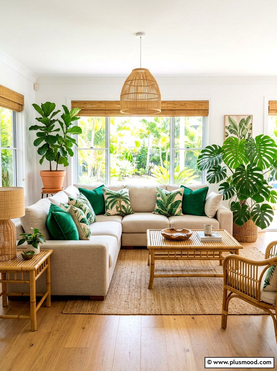 Tropical leaf print sofa pillows - 25 summer throw pillow ideas for living room