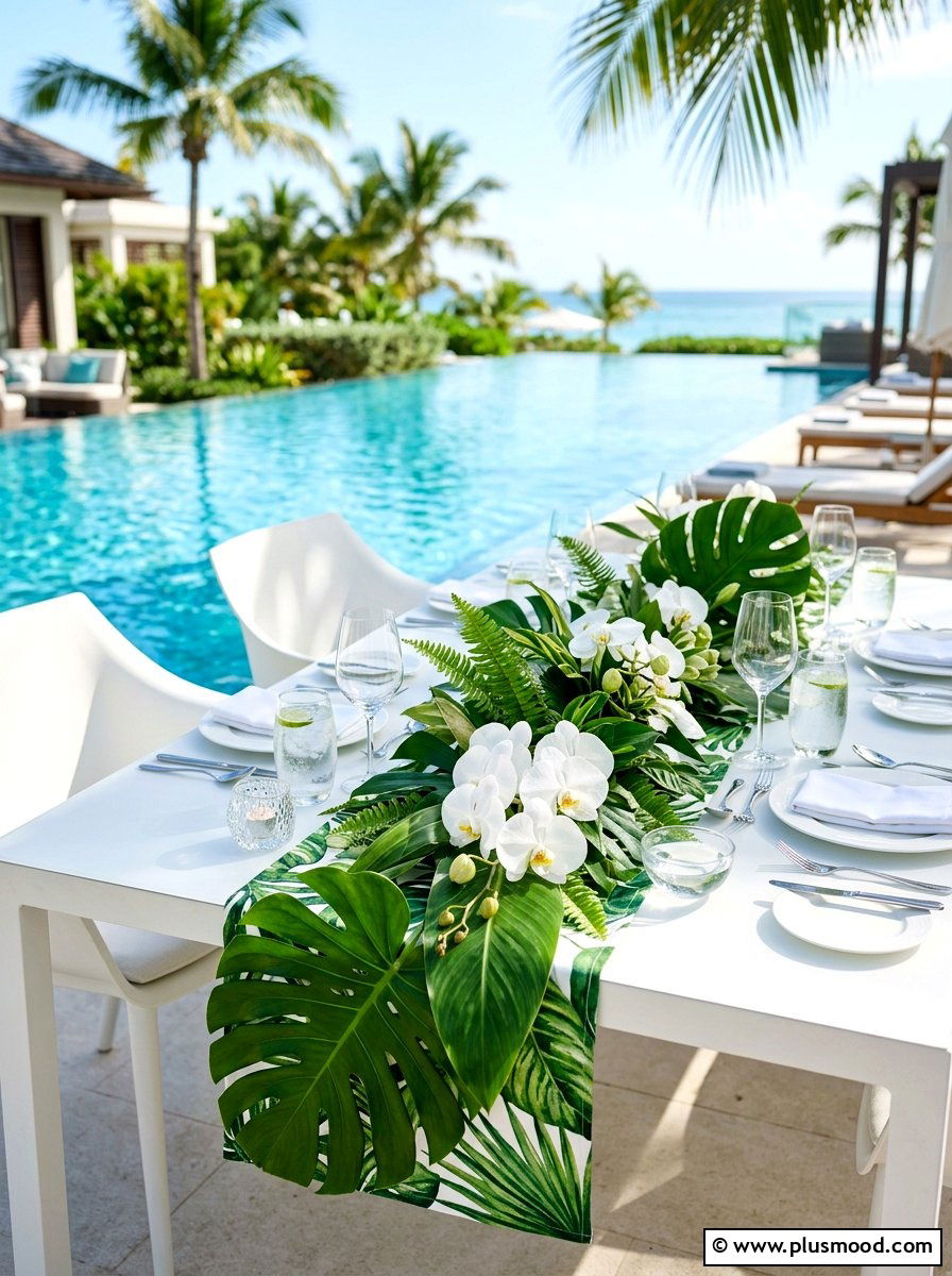 Tropical leaf table runner - 25 summer outdoor centerpiece ideas