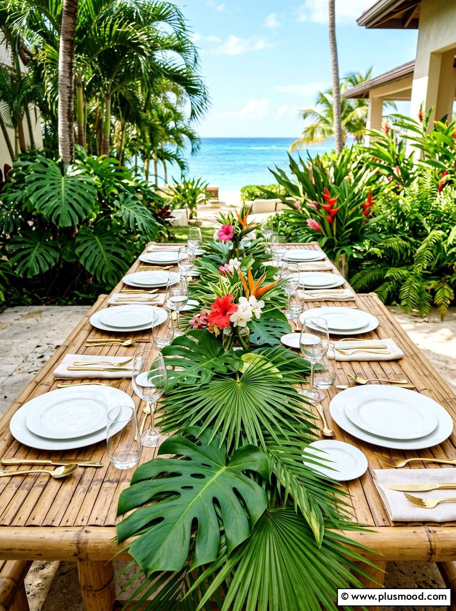 Tropical leaf table runner - 25 summer patio table decor ideas