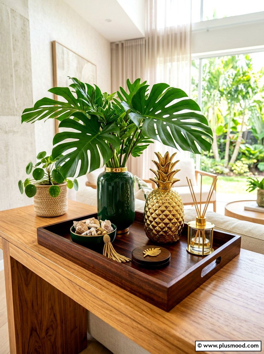 Tropical leaf tray - 25 summer tray decor ideas for living room