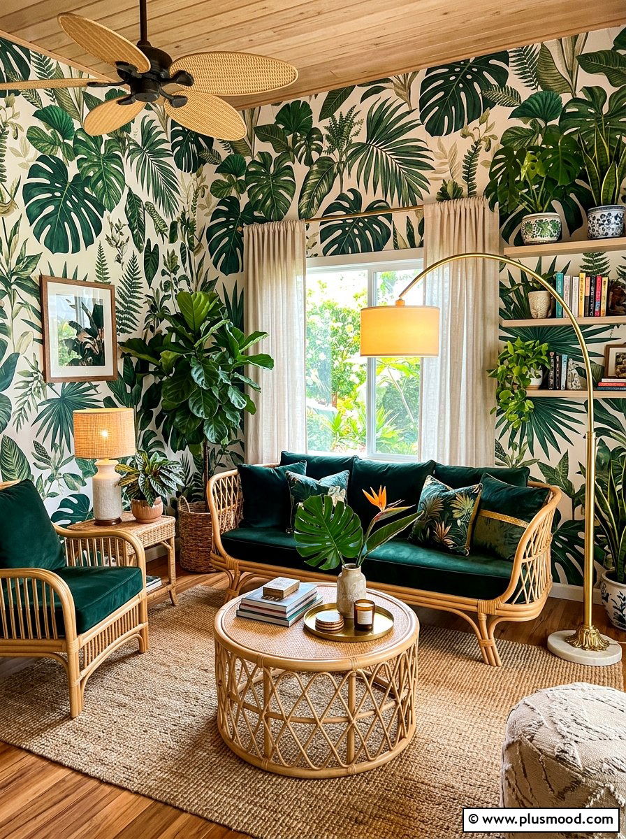 Tropical leaf wallpaper - 25 summer floral decor ideas for living room