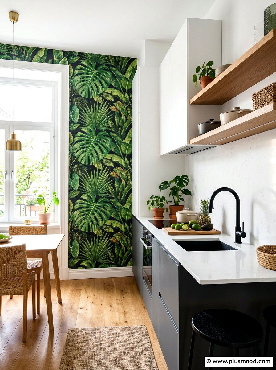 Tropical leaf wallpaper - 25 summer kitchen decor ideas for apartments
