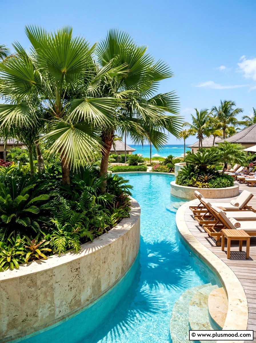 Tropical palm pool planter - 25 pool landscaping ideas with curved planters