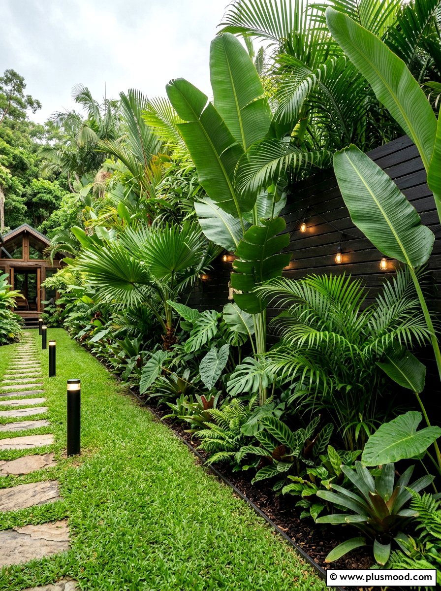 Tropical plant border - 25 small backyard ideas for narrow lots