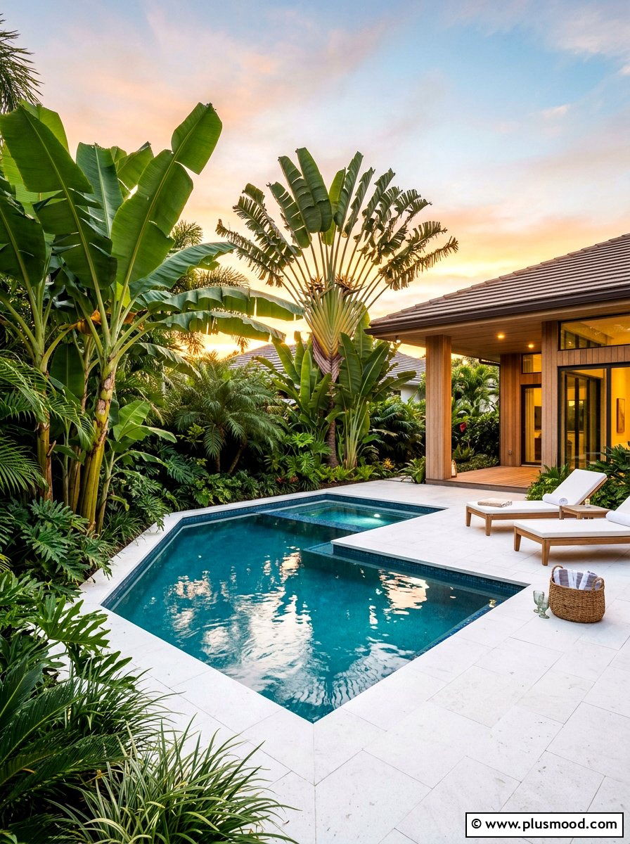 Tropical plants around corner pool - 25 pool landscaping ideas for corner pools