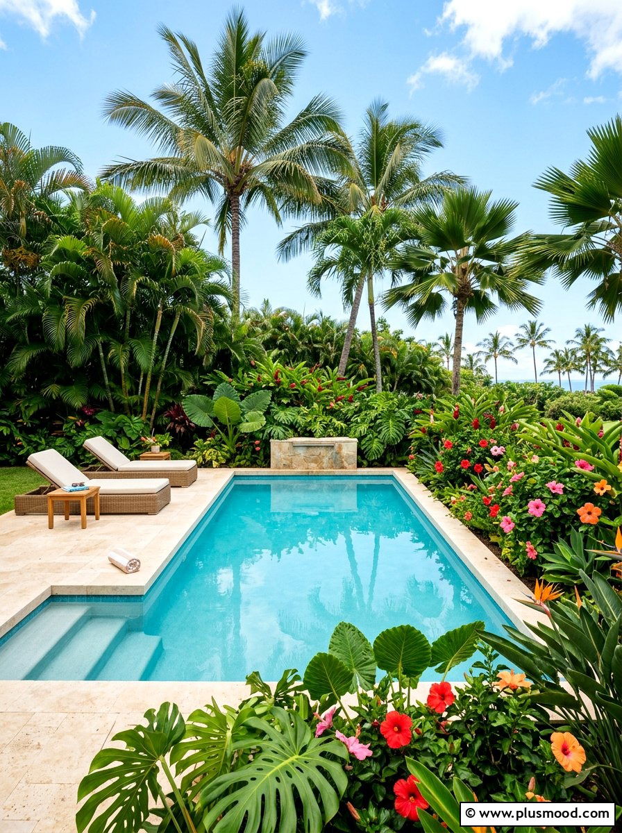 Tropical plants around pool