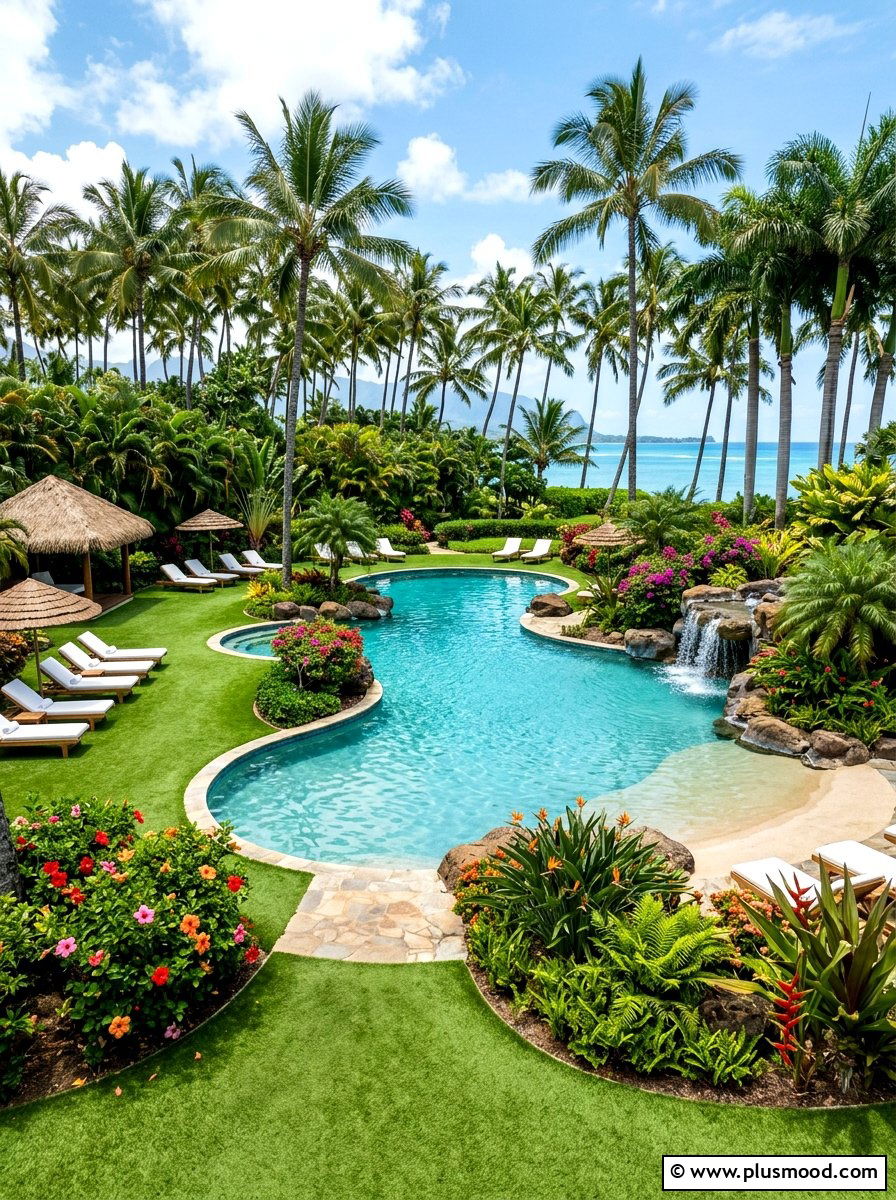 Tropical pool area with fake grass - 25 pool landscaping ideas with artificial turf