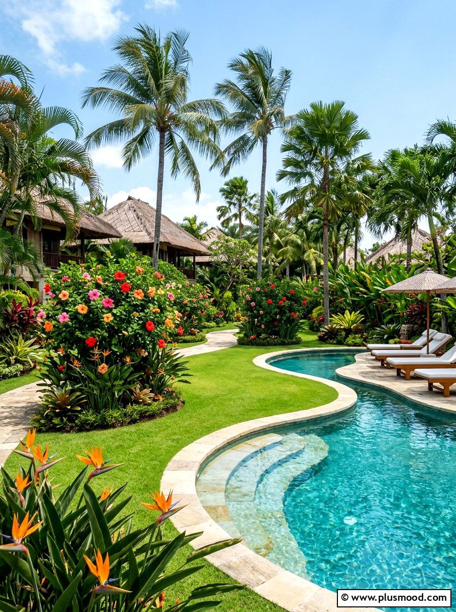 Tropical pool garden with grass - 25 pool landscaping ideas with grass
