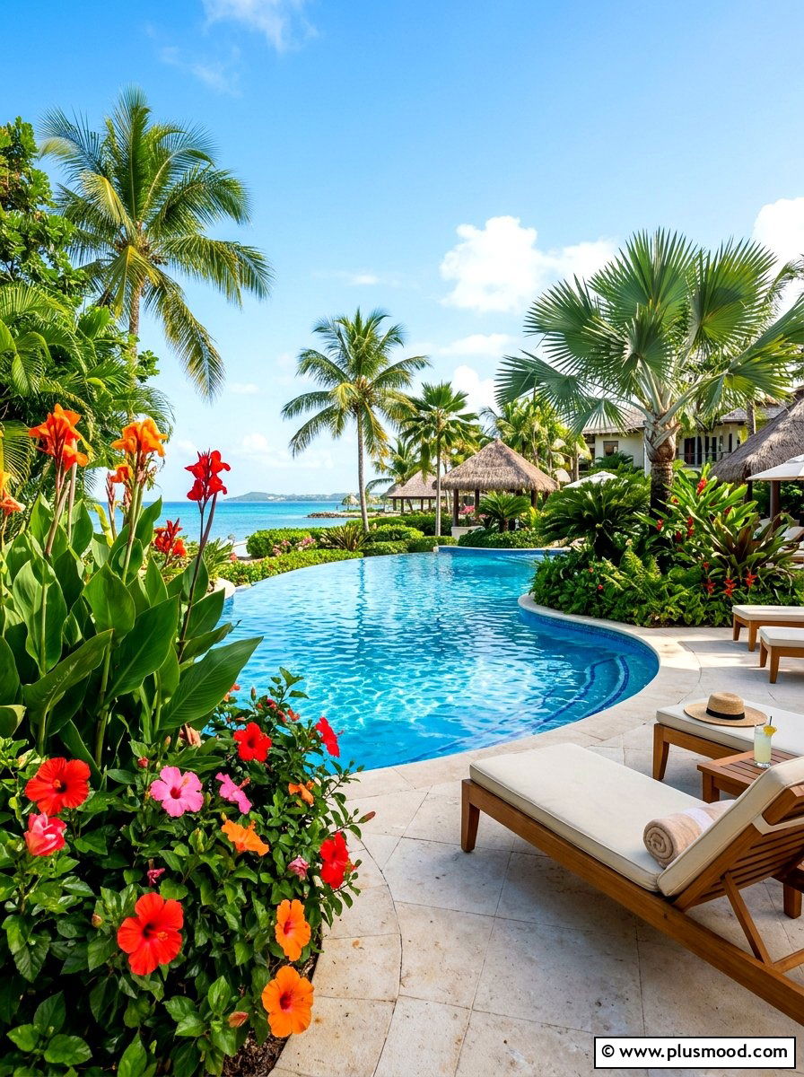 Tropical pool landscape - 25 summer full sun garden ideas