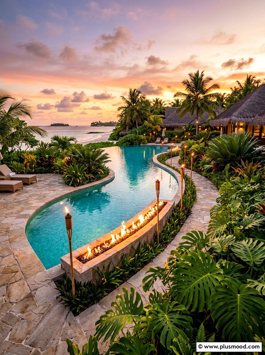 Tropical pool landscape with fire - 25 pool landscaping ideas with fire feature