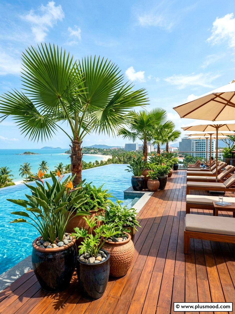 Tropical pool plants - 25 pool landscaping ideas for rooftop pools