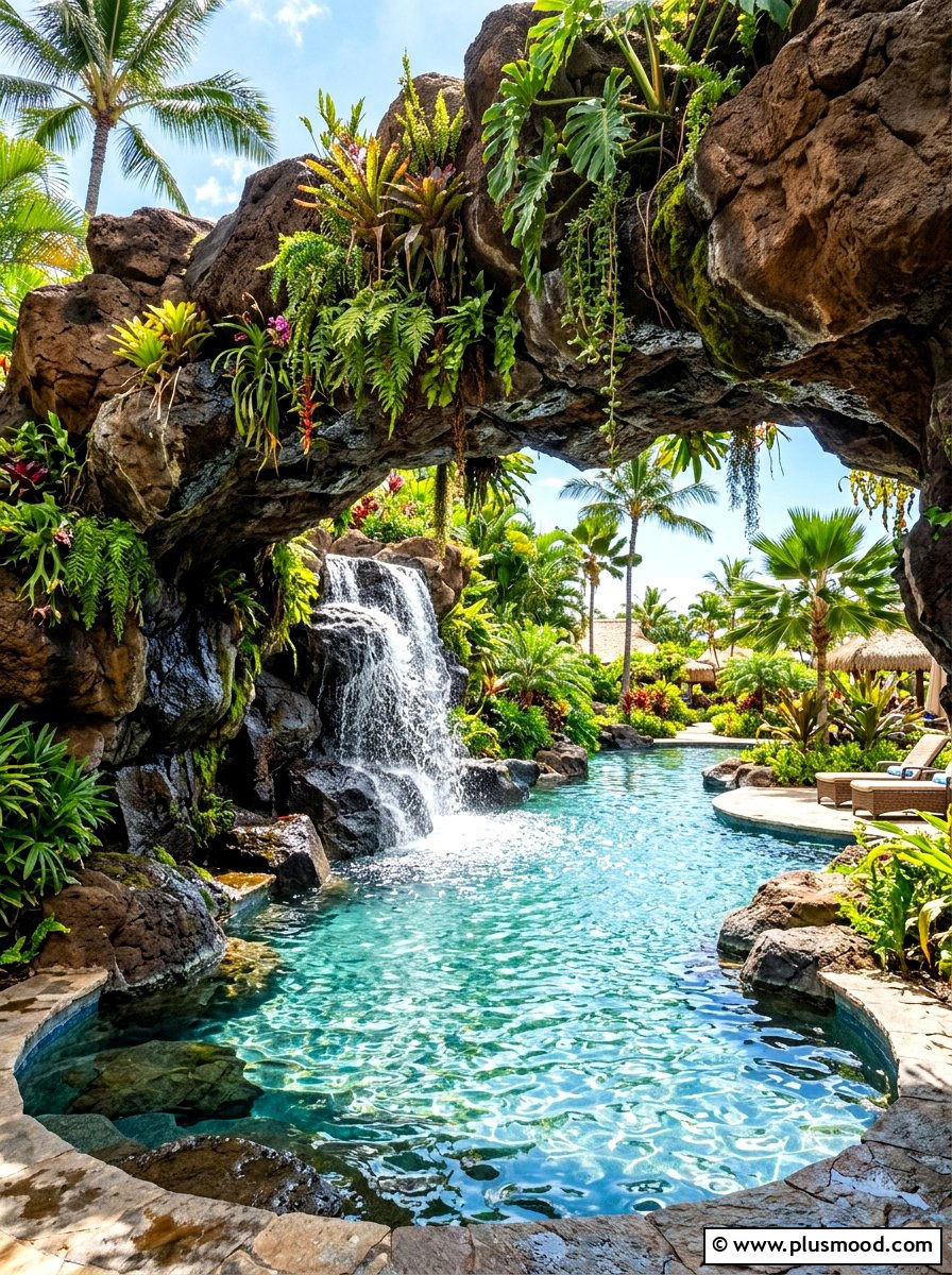 Tropical rock grotto - 25 summer pool landscaping ideas with rocks