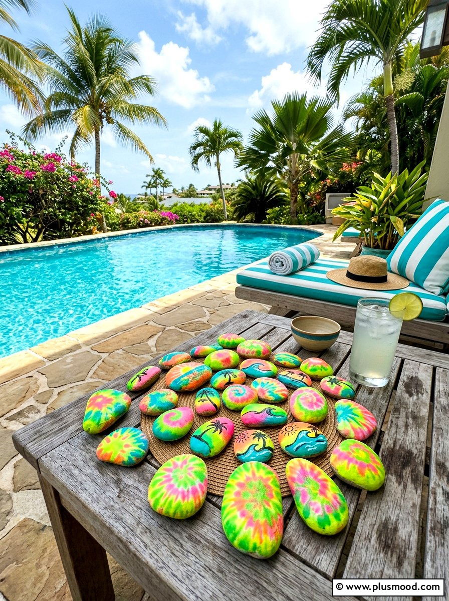 Tropical tie dye rock painting - 25 painted rock ideas with tie dye effect