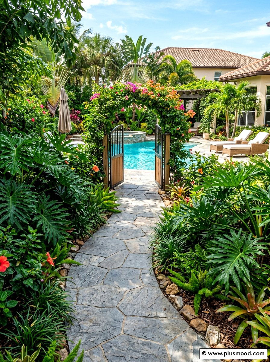 Tropical walkway to pool - 25 pool landscaping ideas with tropical plants