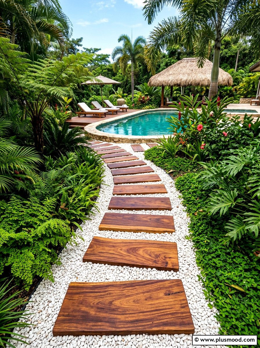 Tropical wood stepping blocks - 25 pool landscaping ideas with stepping stones