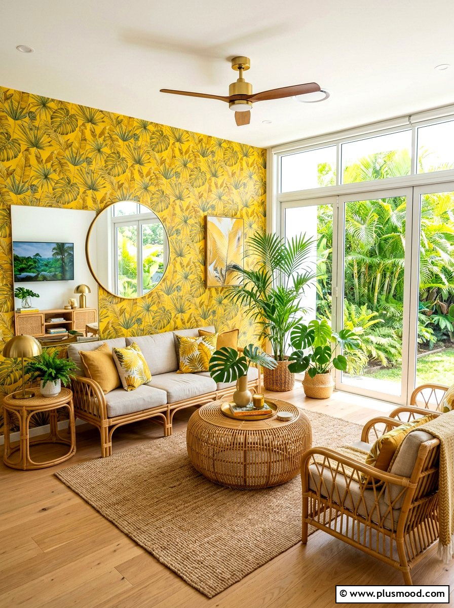 Tropical yellow leaf print decor - 25 yellow summer living room ideas