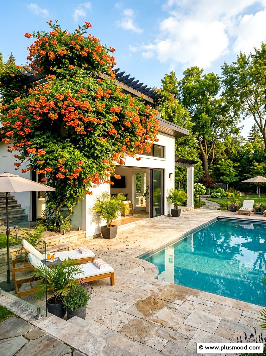Trumpet Vine Pool House Wall - 25 pool landscaping ideas with climbing plants