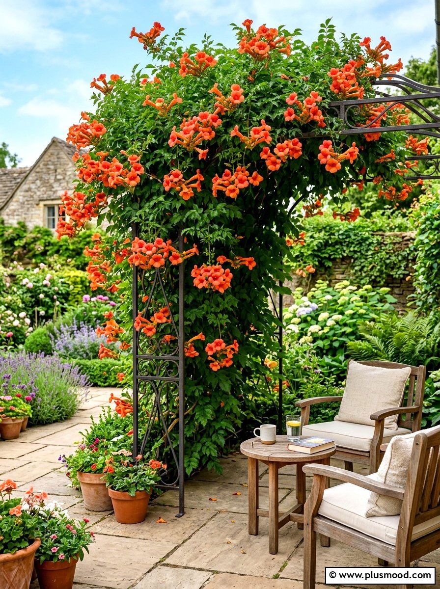 Trumpet Vine Trellis - 25 summer pollinator garden ideas