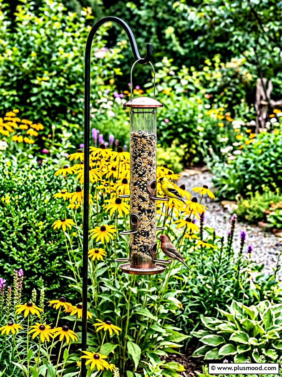 Tube bird feeder in garden - 25 small backyard ideas with bird feeders