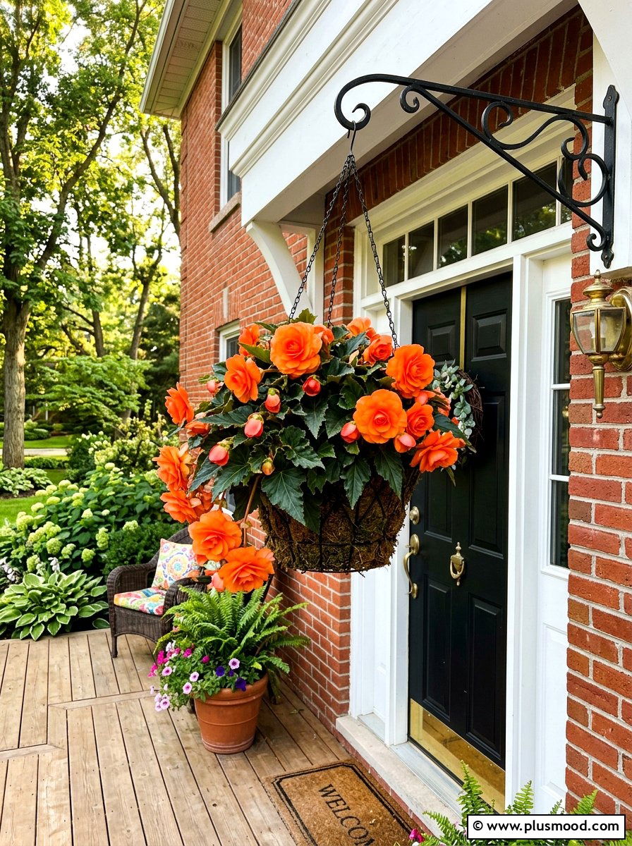 Tuberous begonia front porch basket - 25 summer front porch decor ideas with hanging baskets