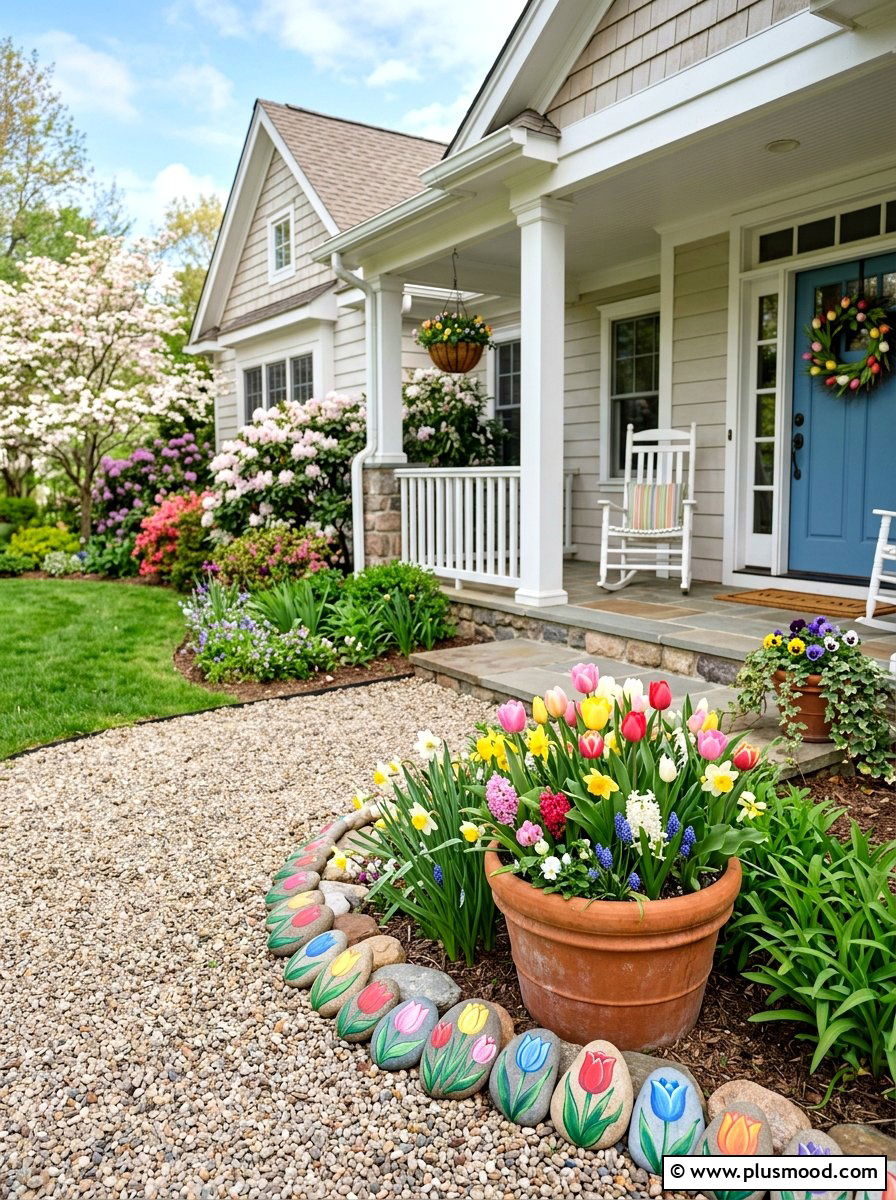 Tulip painted rocks - 25 painted rock ideas for spring garden
