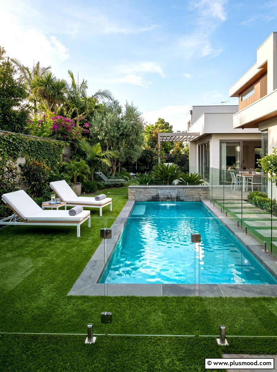Turf around swimming pool - 25 small backyard ideas with artificial turf