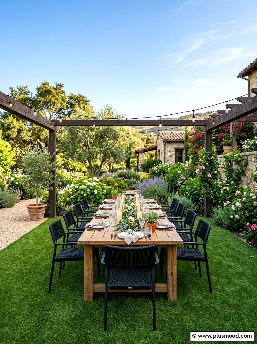 Turf under outdoor dining - 25 small backyard ideas with artificial turf