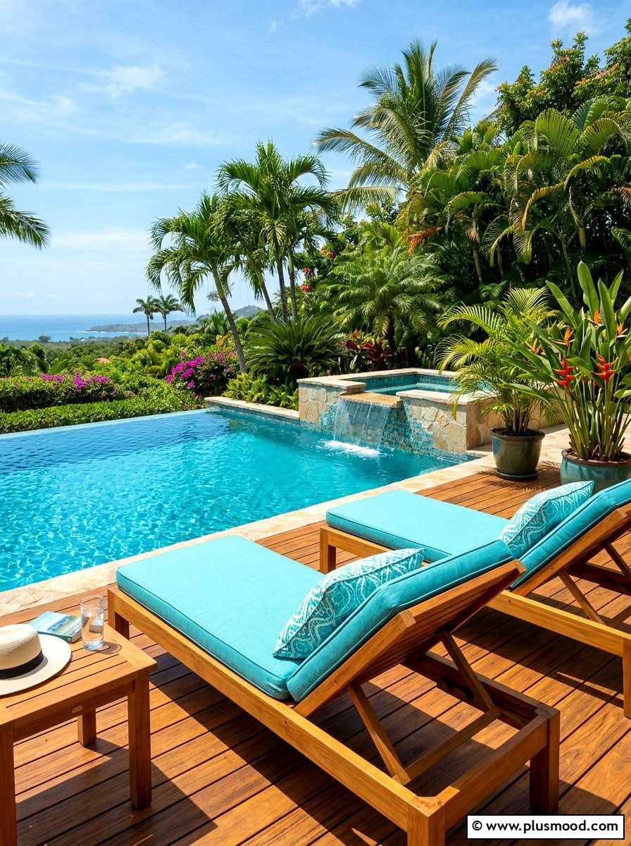 Turquoise And Teak Poolside Area - 25 small backyard ideas with color scheme