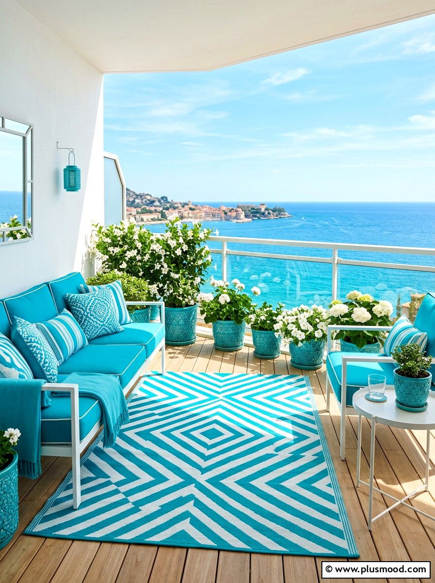 Turquoise And White Balcony - 25 summer coastal balcony ideas