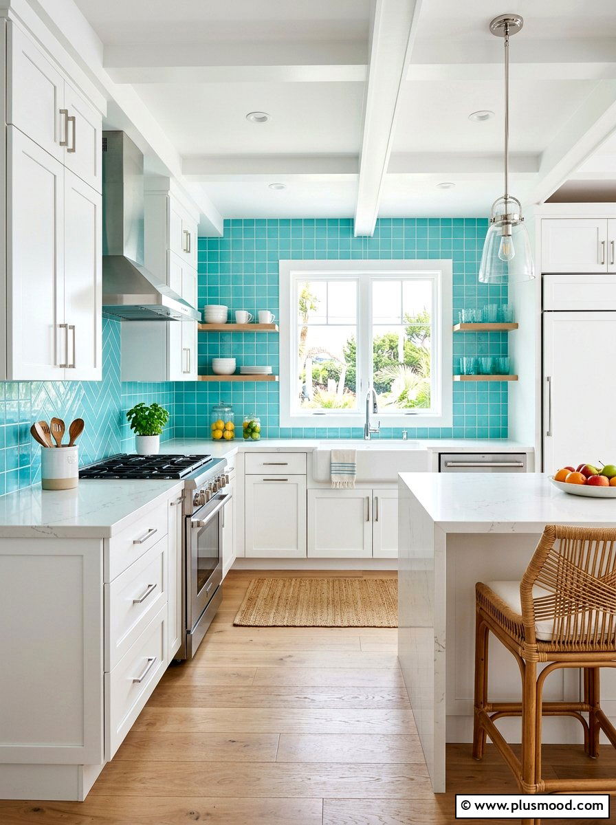 Turquoise Backsplash Kitchen Layout - 25 summer beach house decorating ideas