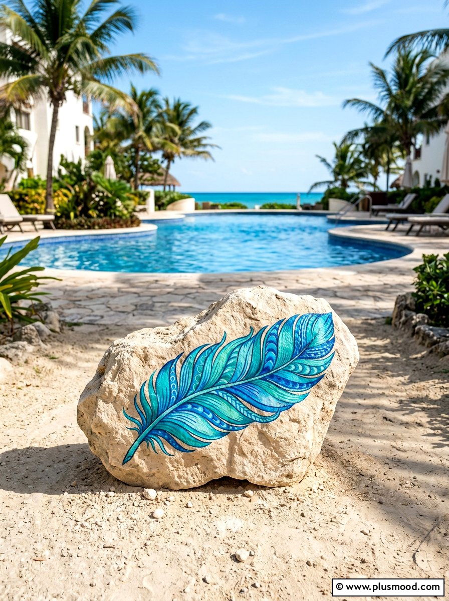 Turquoise Feather - 25 painted rock ideas with feather design