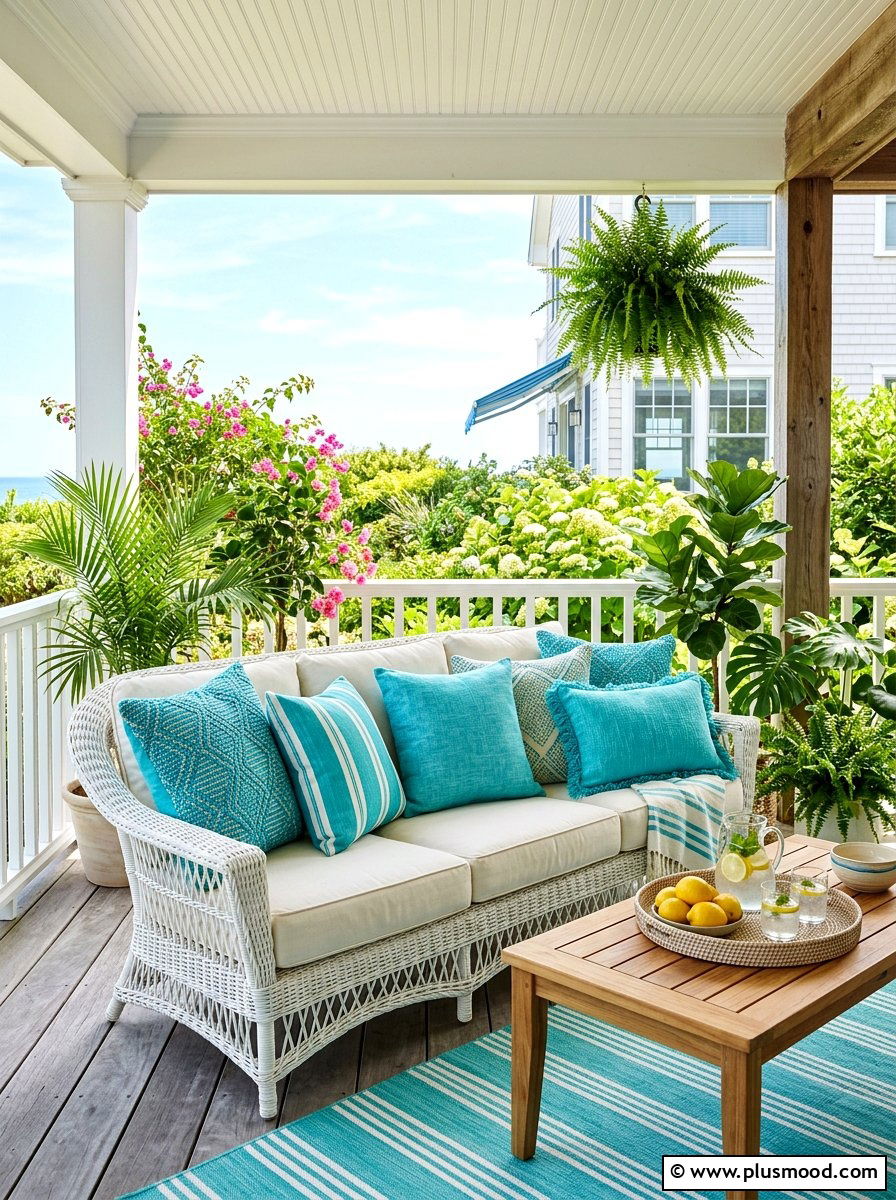 Turquoise Outdoor Pillows - 25 summer colorful front porch ideas