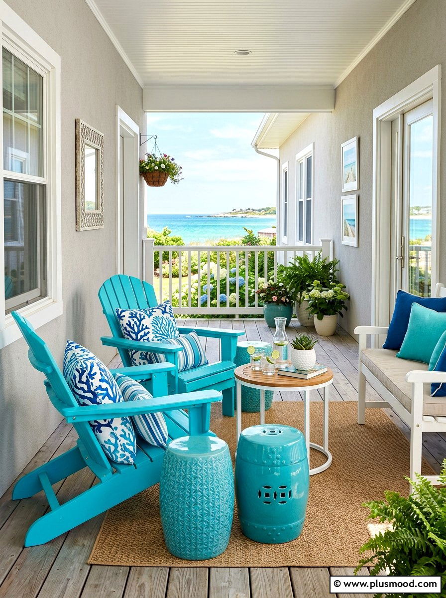 Turquoise accent porch design - 25 summer coastal porch ideas
