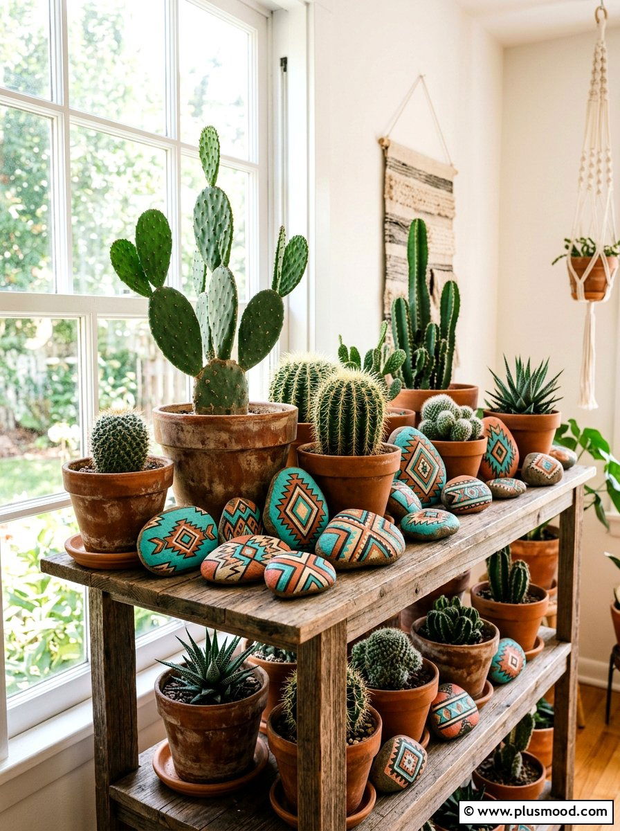 Turquoise and terra cotta rocks - 25 painted rock ideas with tribal art