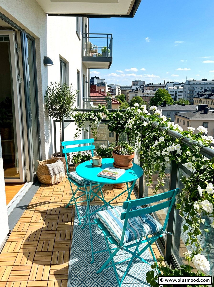 Turquoise bistro set - 25 summer colorful balcony ideas