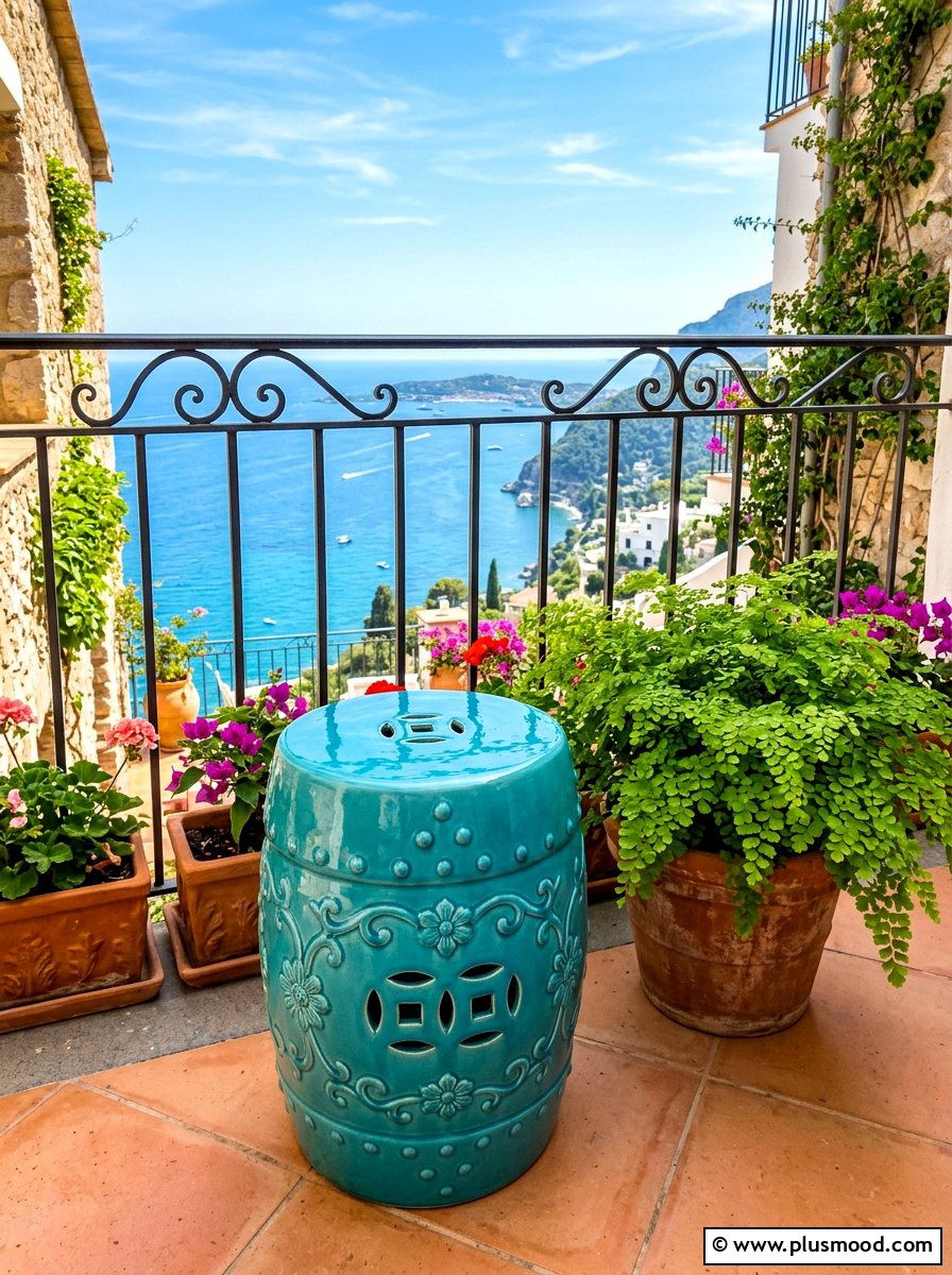 Turquoise glazed garden stool - 25 summer coastal planter ideas