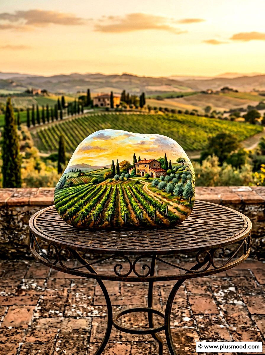 Tuscan Vineyard Scene - 25 painted rock ideas with landscapes