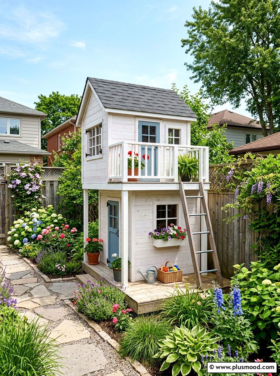 Two story playhouse for narrow yard - 25 small backyard ideas with playhouse