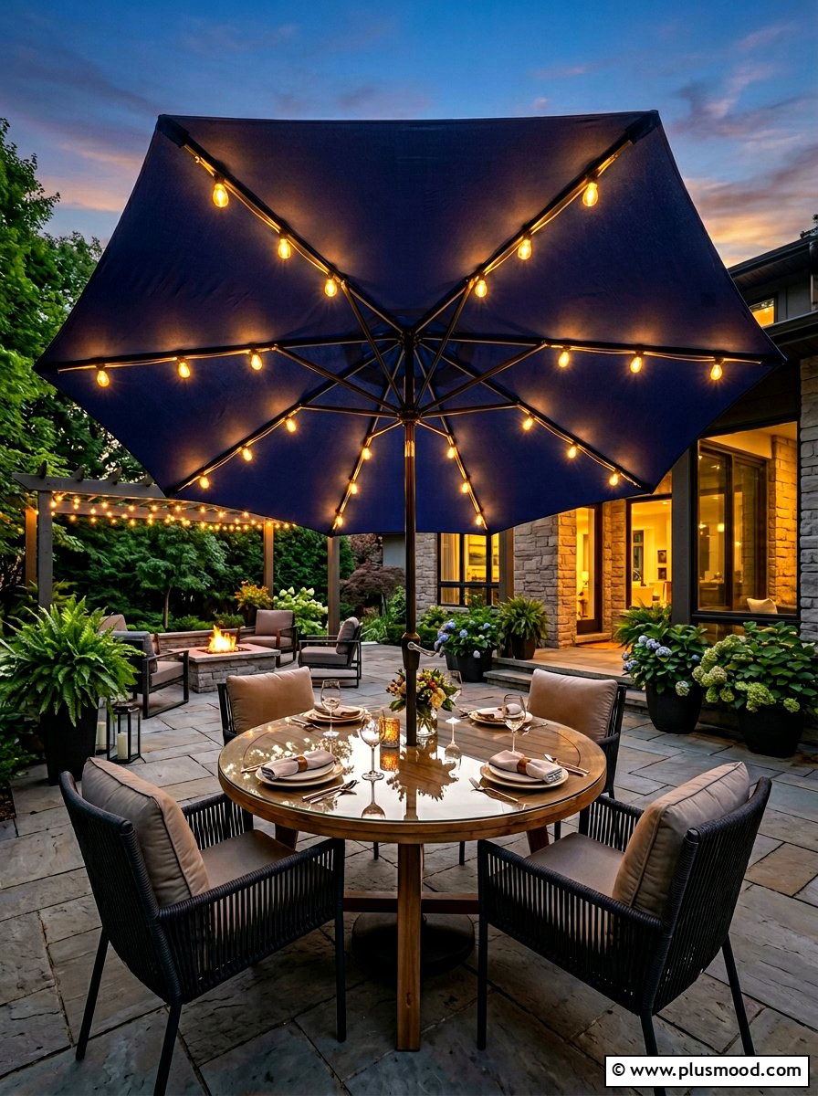 Umbrella String Lights - 25 summer string light party ideas