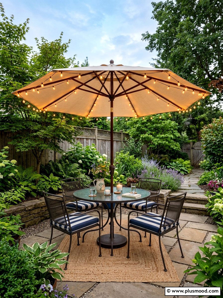 Umbrella String Lights - 25 small backyard ideas with string lights