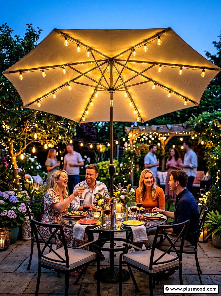 Umbrella string lights - 25 summer patio ideas with string lights