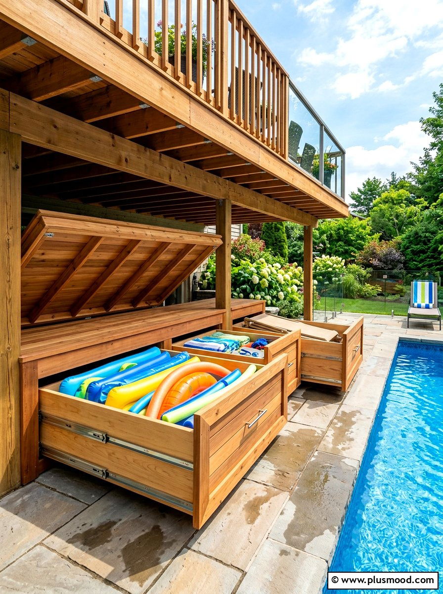 Under Deck Storage - 25 summer pool float storage ideas